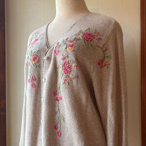 Vintage 90s Koret Knit Cardigan Floral Embroidery Cotton Blend Grannycore Sz 1X